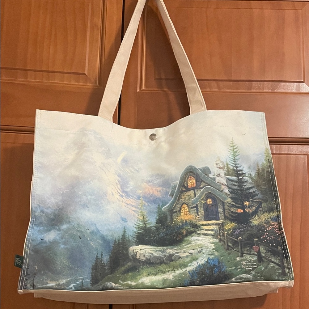 Thomas Kinkade Scenic Cottage Canvas Tote Bag in Cream